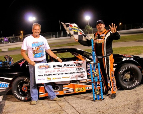 New OSW GM Jimbo Chadwick in victory lane with Wayne Anderson following this years' Billie Harvey Memorial race.