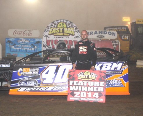 Kyle Bronson in a Fogged covered Victory Lane wins in his first East Bay Winternationals event paying $1,500 to win on Opening Night. Photo Credit: Mike Horne