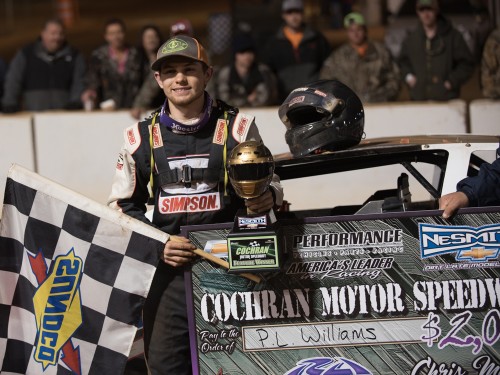 P.W. Williams of Dublin, GA celebrates his first career NeSmith Chevrolet Dirt Late Model Series win on Saturday night at Cochran Motor Speedway in Cochran, GA driving the Dublin Tire TNT in Round 7 of the 2016 RockAuto.com Winter Shootout.  (NeSmith Media Photo by Bruce Carroll)
